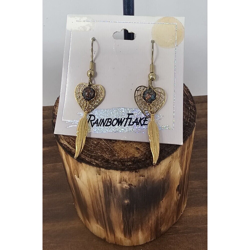 Vtg Dreamcatcher Heart 14k Gold Plated W Turquoise Rainbow Flake Dangle Earrings - Picture 2 of 8